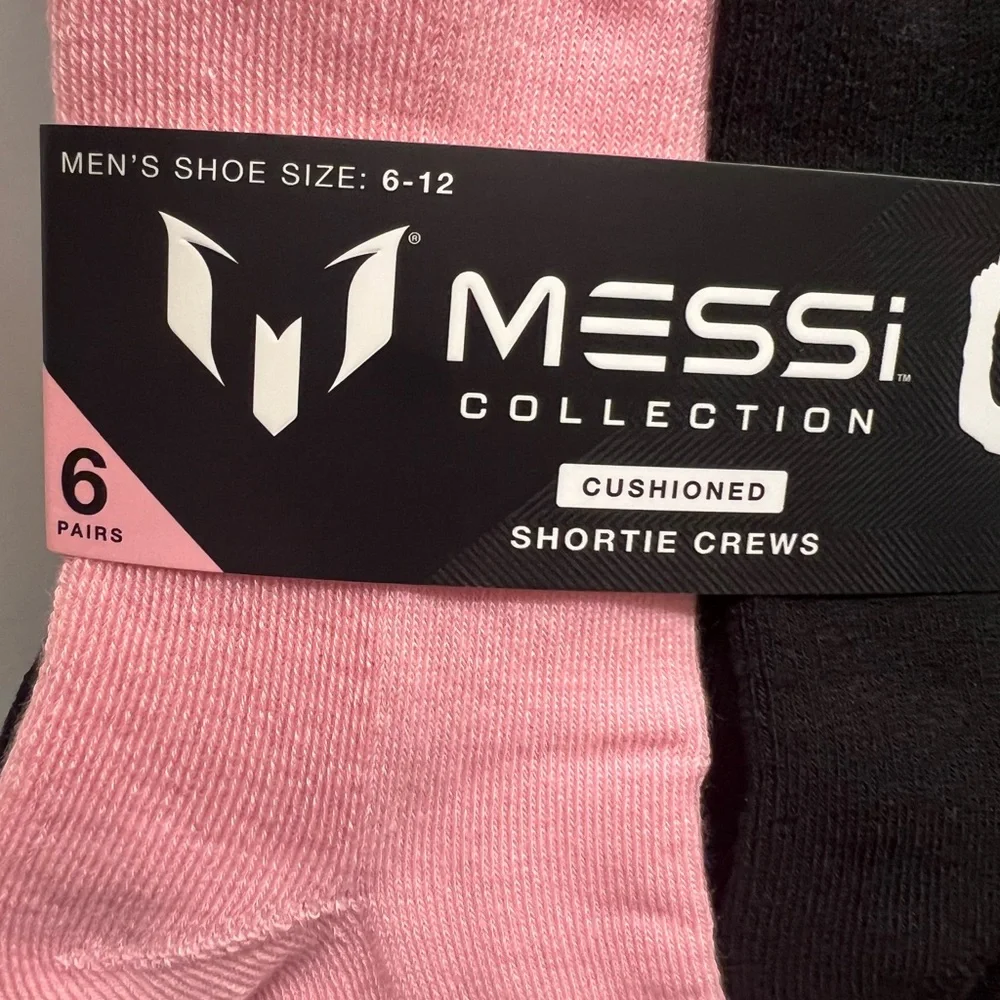 MESSI Cushioned Shortie Crews - Pink and Black Size Men’s 6-12 Women’s 10-13